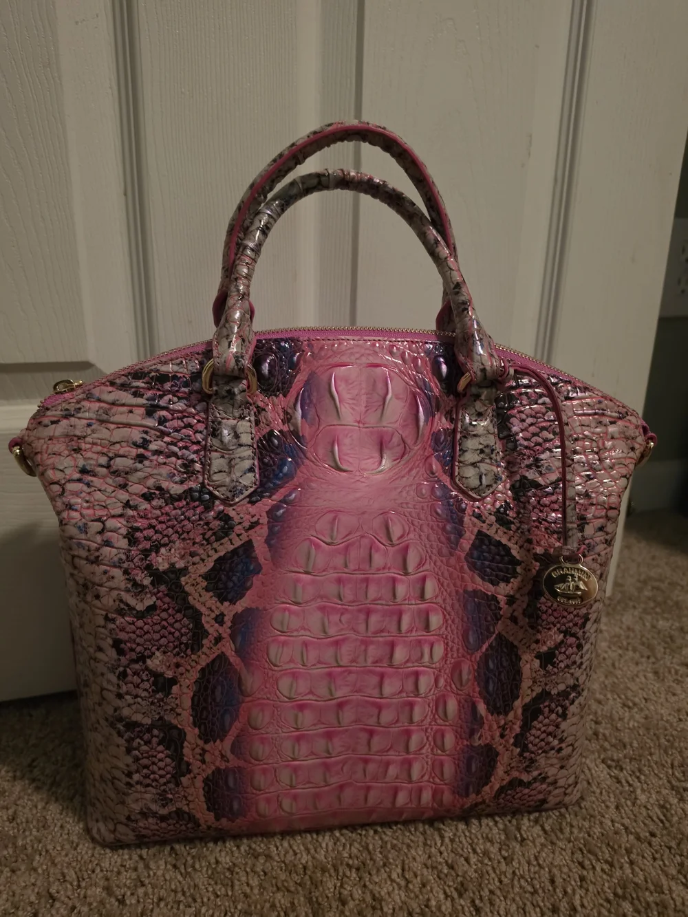New Brahmin Pink Snake-Embossed Satchel with Purple Accents